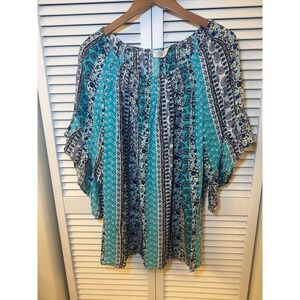 Terra & Sky Womens 0X 14W Teal Paisley Floral Smocked Square Neck Blouse Top